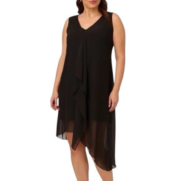 ADRIANNA PAPELL Black Sleeveless Midi Dress waterfall sheer high low hem 18W - Picture 1 of 7